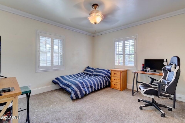 bedroom featuring ceiling fan, multiple windows, light carpet, and ornamental molding