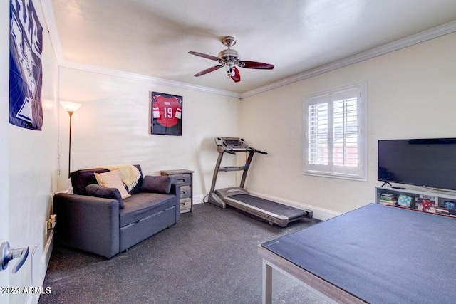 exercise area with ceiling fan and crown molding