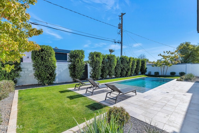 view of swimming pool featuring a yard and a patio