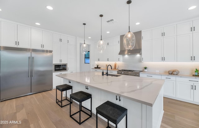 kitchen with tasteful backsplash, a center island with sink, sink, built in appliances, and white cabinets