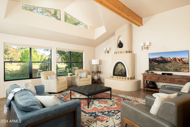 living room with light tile patterned floors, lofted ceiling, and a fireplace