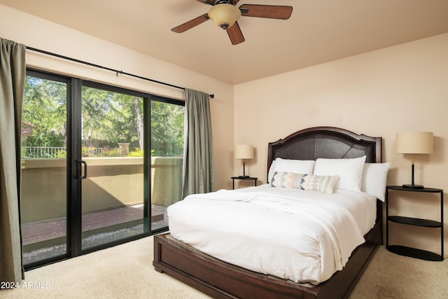 bedroom featuring ceiling fan, access to exterior, and carpet floors