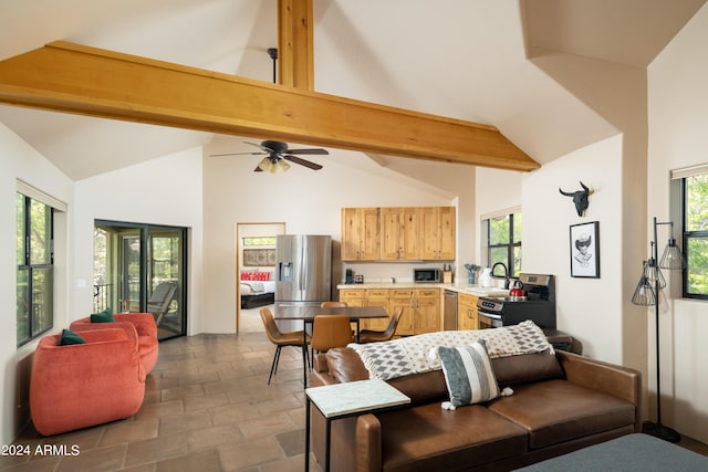 living room featuring a wealth of natural light, high vaulted ceiling, and sink