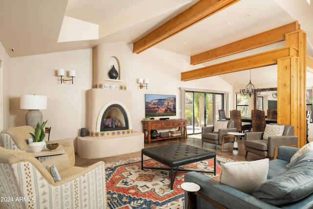 living room with tile patterned flooring, lofted ceiling with beams, and an inviting chandelier