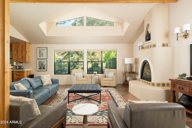 tiled living room featuring lofted ceiling