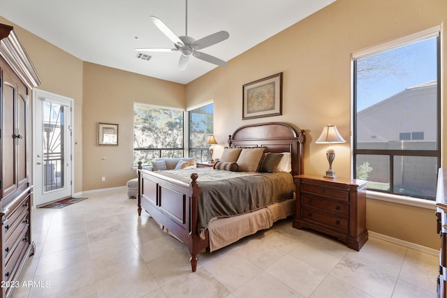 bedroom with visible vents, ceiling fan, baseboards, lofted ceiling, and access to outside