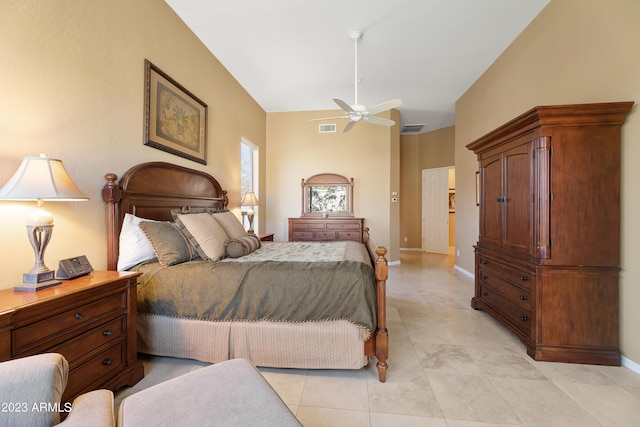 bedroom with light tile patterned floors, baseboards, visible vents, and ceiling fan