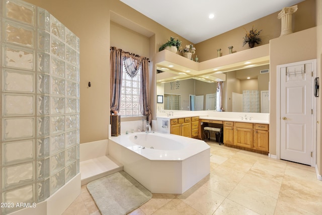 bathroom with tile patterned floors, visible vents, walk in shower, a bath, and vanity