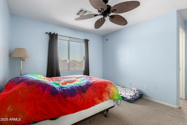 bedroom featuring baseboards, visible vents, ceiling fan, and carpet flooring