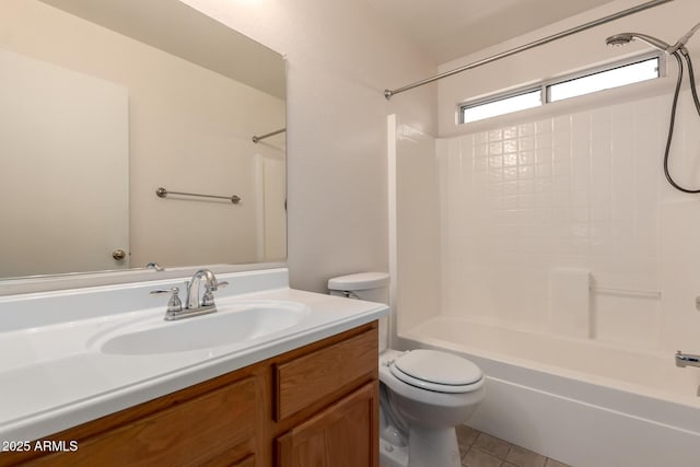 bathroom featuring toilet, tile patterned floors, shower / washtub combination, and vanity