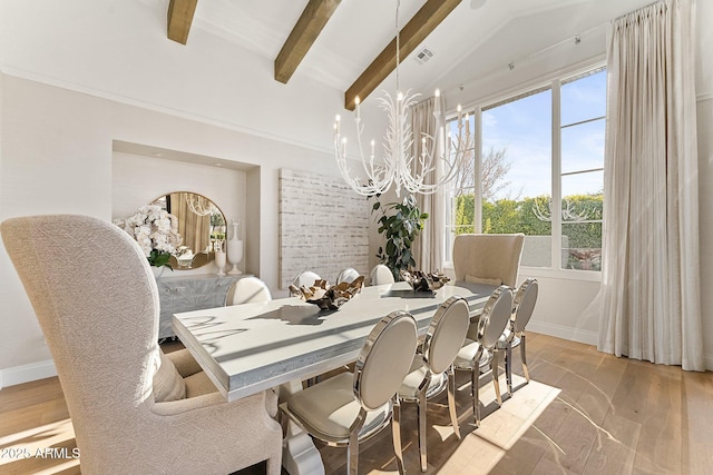 dining room with lofted ceiling with beams, hardwood / wood-style floors, and a notable chandelier