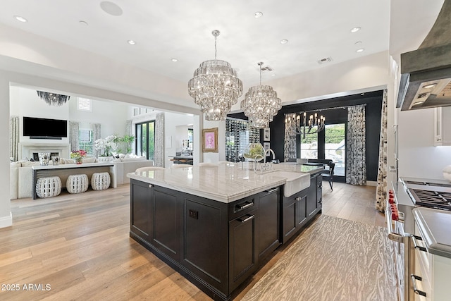 kitchen with pendant lighting, sink, a kitchen island with sink, light stone counters, and light wood-type flooring