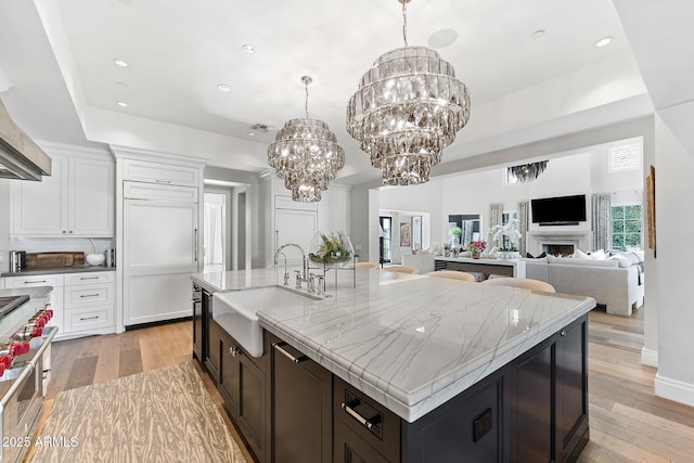 kitchen featuring a kitchen island with sink, sink, light hardwood / wood-style flooring, and light stone countertops