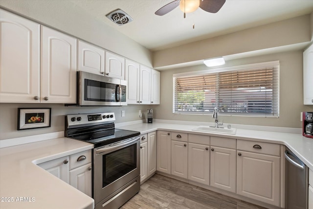 7736 E Hazelwood St, Scottsdale, AZ 85251 - kitchen featuring visible vents, appliances with stainless steel finishes, a sink, light wood finished floors, and white cabinetry