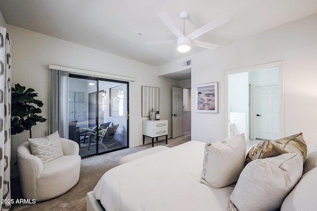 bedroom with ceiling fan, access to exterior, and carpet floors