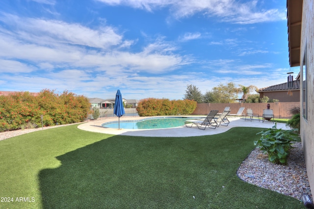 view of swimming pool featuring a patio area and a yard