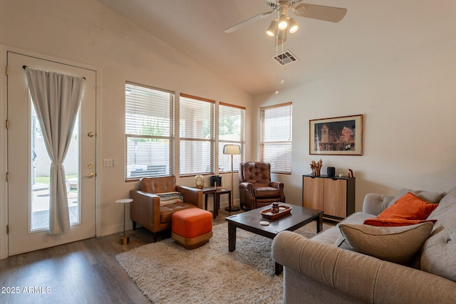 1635 E Harrison St, Chandler, AZ 85225 - living room with vaulted ceiling, wood finished floors, and ceiling fan