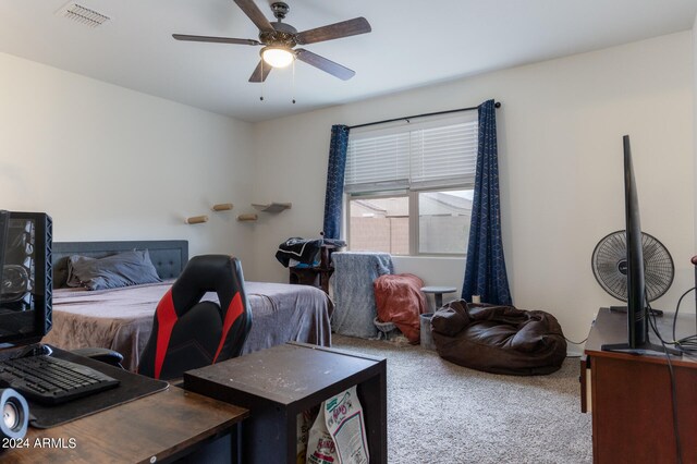 carpeted bedroom featuring ceiling fan