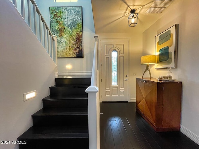 18507 N 94th St, Scottsdale, AZ 85255 - foyer featuring baseboards, stairs, dark wood finished floors, and visible vents