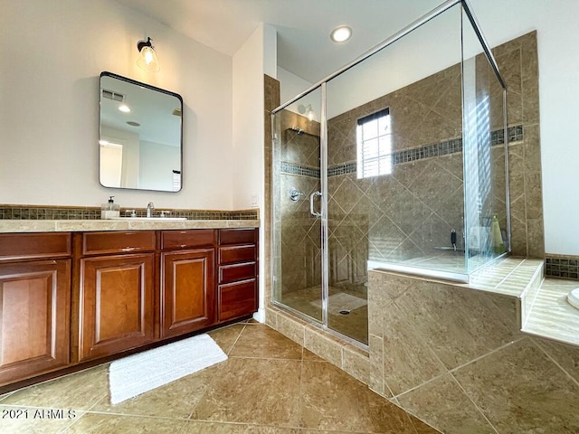 18507 N 94th St, Scottsdale, AZ 85255 - bathroom with vanity, recessed lighting, a stall shower, tile patterned flooring, and a bathing tub