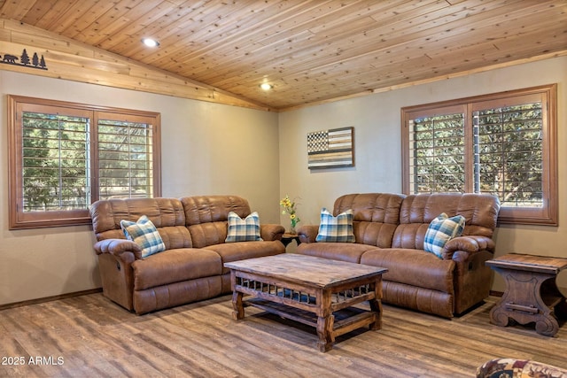 living area featuring wood finished floors, recessed lighting, baseboards, wood ceiling, and vaulted ceiling