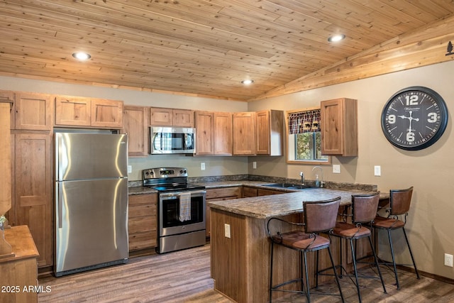 kitchen featuring dark countertops, lofted ceiling, appliances with stainless steel finishes, a peninsula, and a sink