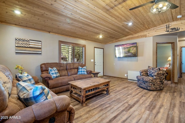 living area with ceiling fan, wood ceiling, lofted ceiling, recessed lighting, and wood finished floors