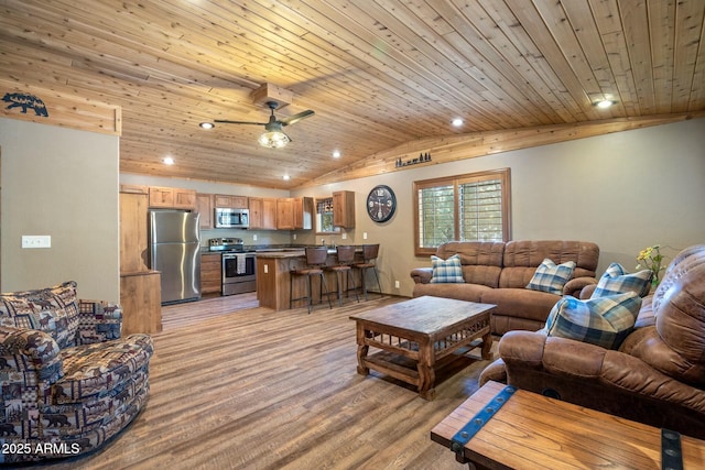 living area with ceiling fan, lofted ceiling, recessed lighting, light wood-style flooring, and wooden ceiling