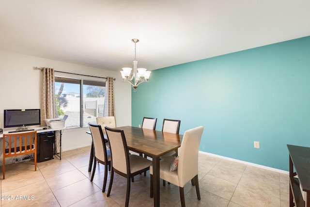 dining area featuring light tile patterned floors and a notable chandelier