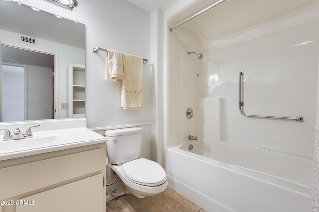 full bathroom featuring toilet, tile patterned floors, vanity, and shower / bathing tub combination