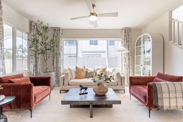 645 N Vine St, Chandler, AZ 85225 - living area featuring light carpet, plenty of natural light, and ceiling fan