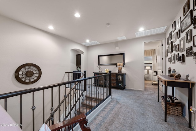 1829 N Atwood, Mesa, AZ 85207 - corridor with arched walkways, visible vents, recessed lighting, carpet floors, and an upstairs landing