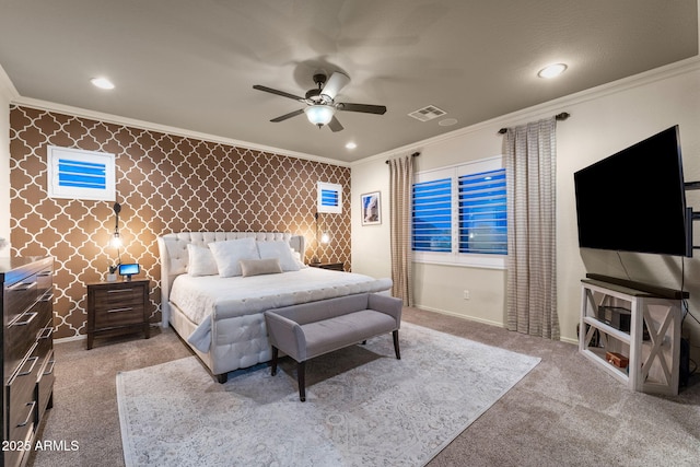 1829 N Atwood, Mesa, AZ 85207 - carpeted bedroom featuring recessed lighting, visible vents, wallpapered walls, and ornamental molding