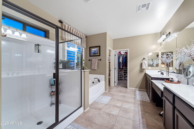 1829 N Atwood, Mesa, AZ 85207 - full bathroom with a garden tub, a shower stall, visible vents, tile patterned floors, and double vanity