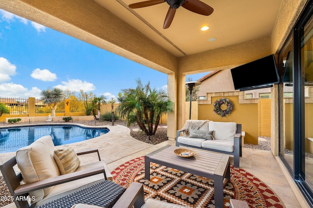 1829 N Atwood, Mesa, AZ 85207 - view of patio / terrace featuring outdoor lounge area, a fenced backyard, a fenced in pool, and a ceiling fan