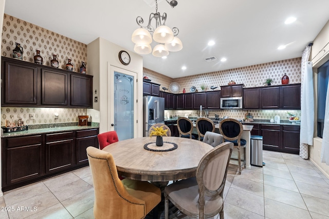 1829 N Atwood, Mesa, AZ 85207 - dining area featuring visible vents, recessed lighting, a chandelier, light tile patterned flooring, and wallpapered walls