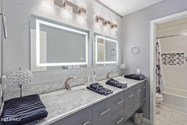 full bath with decorative backsplash, toilet, shower / bath combination with curtain, vanity, and marble finish floor