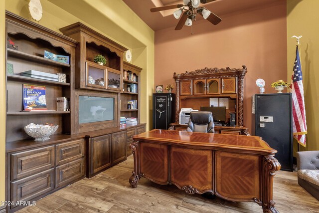 office with ceiling fan and light wood finished floors