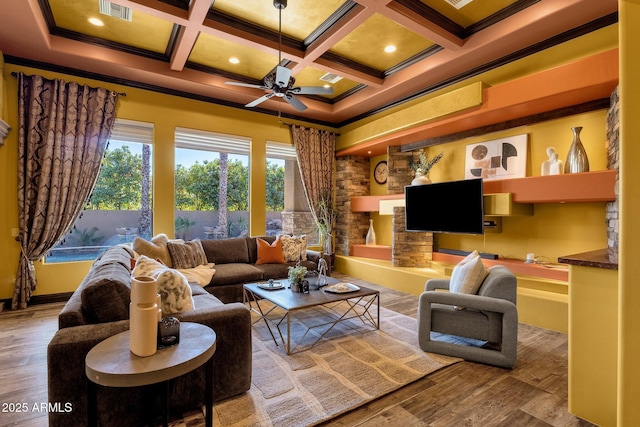 4301 E Taurus Pl, Chandler, AZ 85249 - living room featuring crown molding, ceiling fan, coffered ceiling, wood finished floors, and beam ceiling