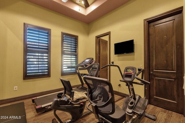 exercise area with ceiling fan, wood finished floors, and baseboards