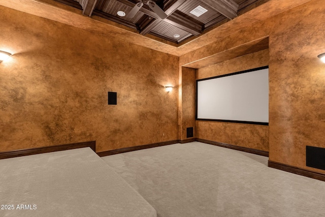 4301 E Taurus Pl, Chandler, AZ 85249 - home theater with coffered ceiling, a wood ceiling with exposed beams, ornamental molding, and carpet