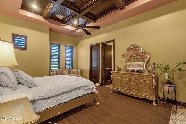 bedroom with baseboards, coffered ceiling, dark wood finished floors, wooden ceiling, and beamed ceiling