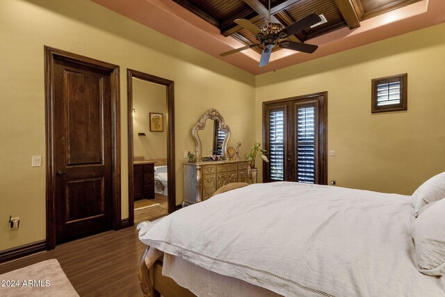 bedroom featuring coffered ceiling, wood finished floors, baseboards, access to outside, and beamed ceiling