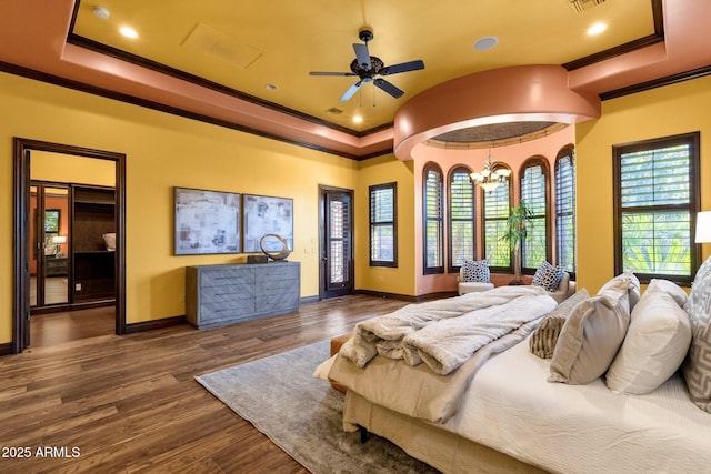 4301 E Taurus Pl, Chandler, AZ 85249 - bedroom with ornamental molding, access to outside, a tray ceiling, dark wood-style floors, and recessed lighting