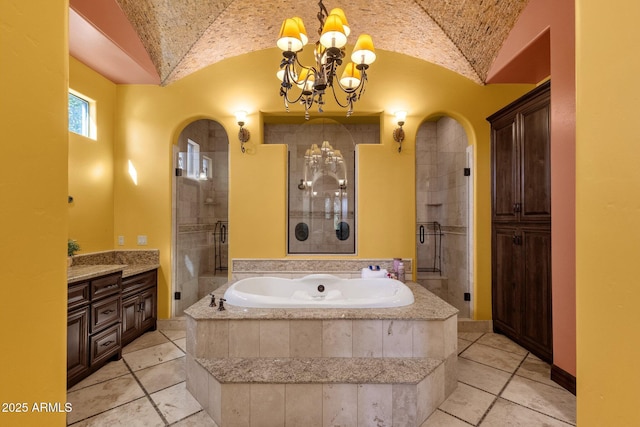 4301 E Taurus Pl, Chandler, AZ 85249 - full bathroom with a bath, vanity, vaulted ceiling, a chandelier, and tiled shower