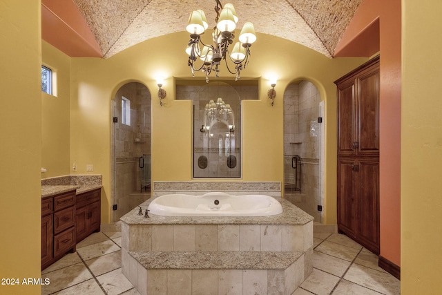 bathroom featuring baseboards, lofted ceiling, a garden tub, vanity, and a shower stall