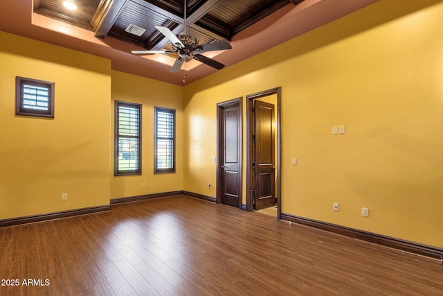 4301 E Taurus Pl, Chandler, AZ 85249 - unfurnished room with wood finished floors, a ceiling fan, coffered ceiling, and a wood ceiling with exposed beams