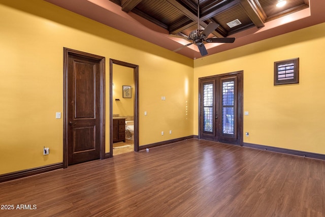 4301 E Taurus Pl, Chandler, AZ 85249 - unfurnished room with dark wood finished floors, coffered ceiling, a ceiling fan, and a wooden ceiling with exposed beams