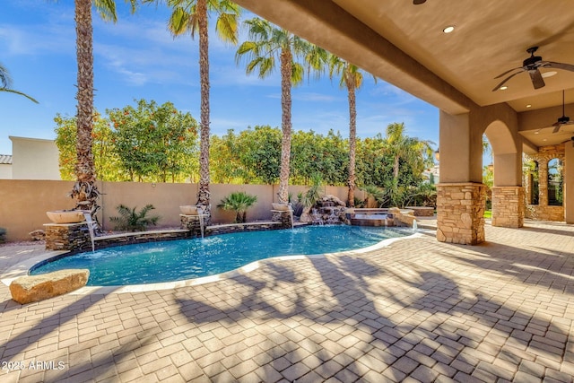 4301 E Taurus Pl, Chandler, AZ 85249 - view of pool featuring ceiling fan, a patio, a fenced backyard, and a pool with connected hot tub