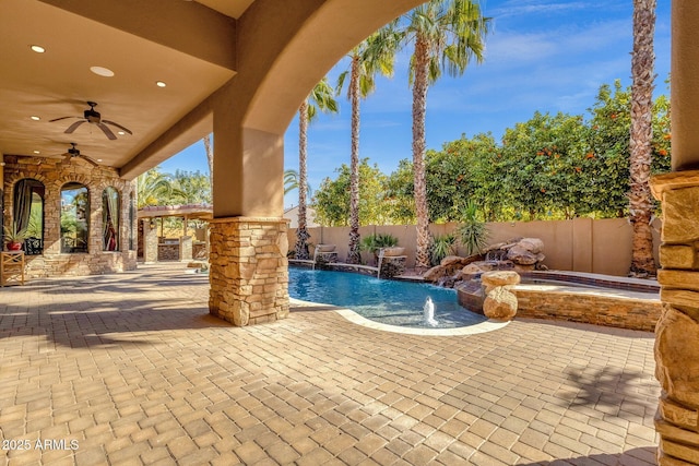 4301 E Taurus Pl, Chandler, AZ 85249 - view of pool featuring a patio area, a fenced backyard, ceiling fan, and a pool with connected hot tub